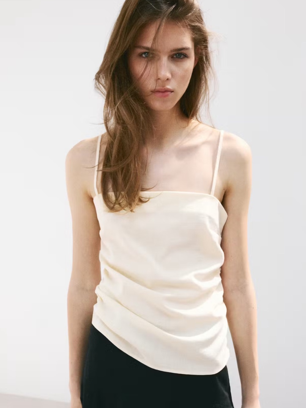 NWT Ecru/Pale Yellow Spaghetti-Strap Draped Top Mango